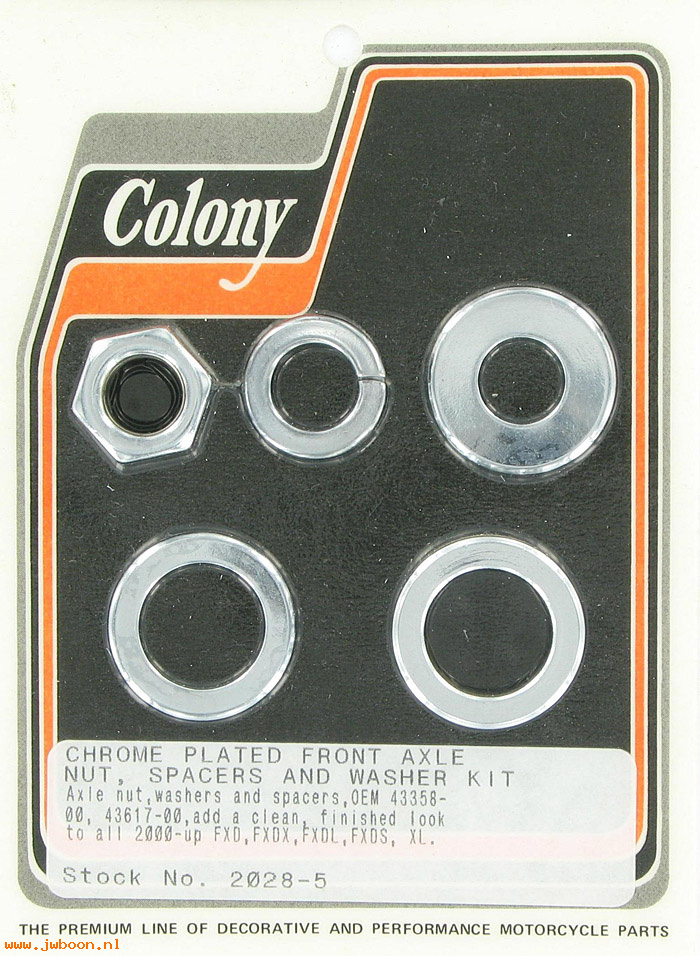 C 2028-5 (43358-00 / 43617-00): Front axle nut and smooth spacer kit - XL's, Dyna '00-'07