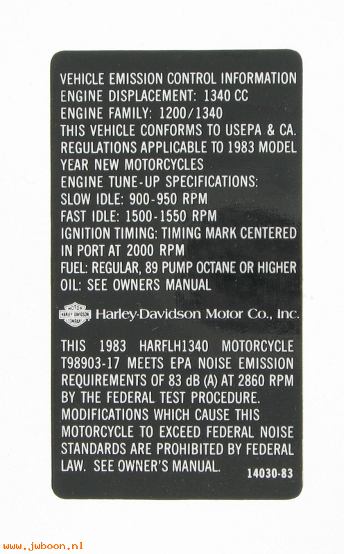   14030-83 (14030-83): Decal, vehicle emission control info - NOS -  FLH Shovelhead