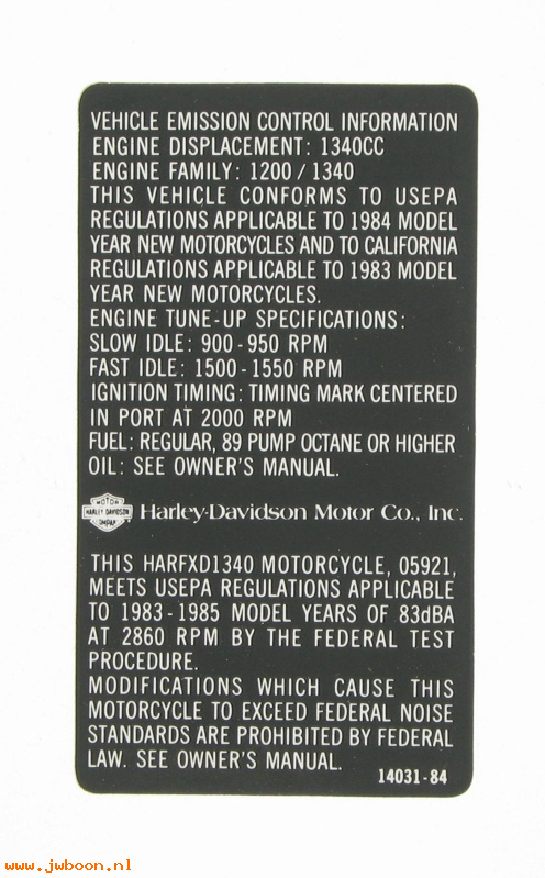   14031-84 (14031-84): Decal, vehicle emission control info - NOS - FX Shovelhead