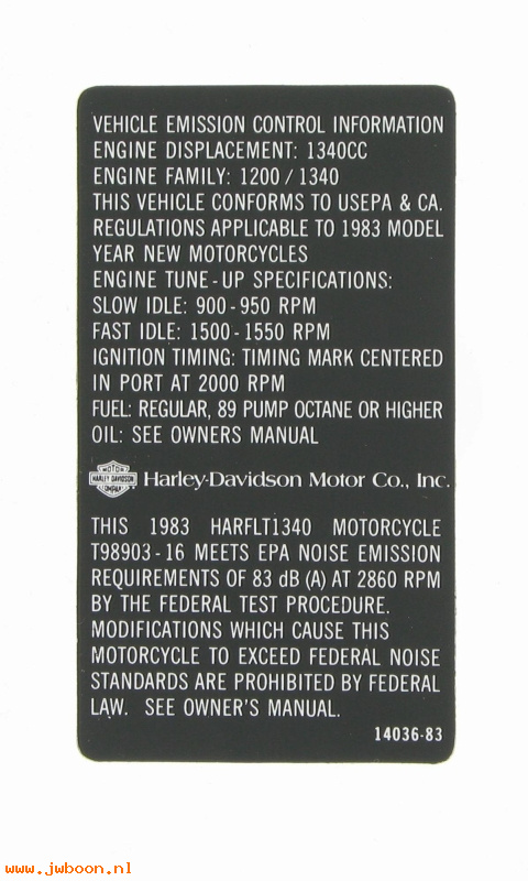   14036-83 (14036-83): Decal, vehicle emission control info - NOS - FLT 1983, Shovelhead