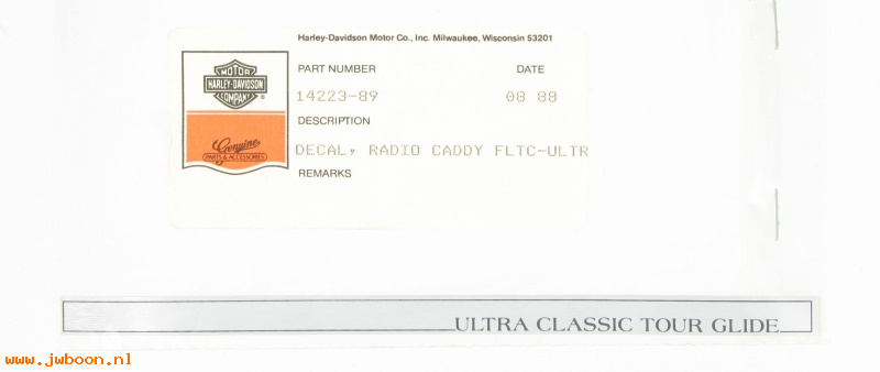  14223-89 (14223-89): Decal, radio caddy "Ultra Classic Tour Glide" 1/4" x 7 1/4" - NOS