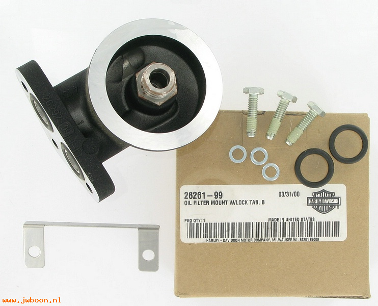   26261-99 (26261-99): Oil filter mount with lock tab - NOS - Twin Cam '99-'06