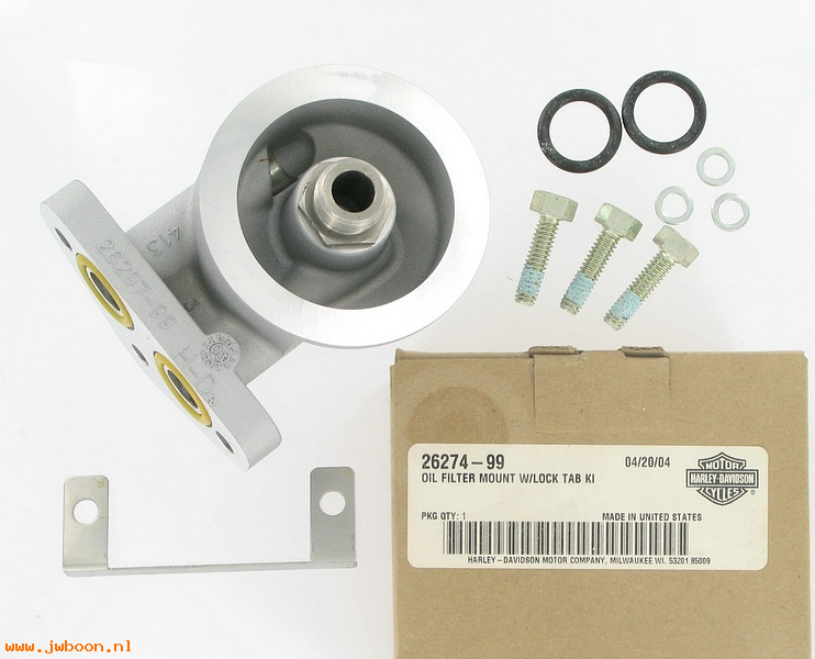   26274-99 (26274-99): Oil filter mount with lock tab - NOS - Twin Cam '99-'06