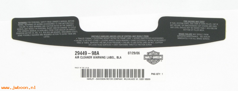   29449-98A (29449-98A): Warning label / decal - air cleaner - NOS - FXSTB. FXDX 99-06
