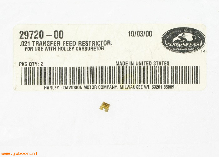   29720-00 (29720-00): Transfer feed restrictor  .021  Screamin' Eagle - NOS - Holley