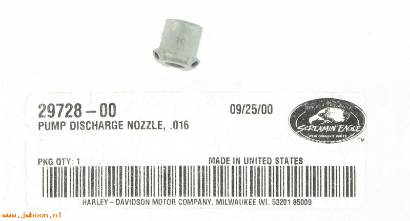   29728-00 (29728-00): Pump discharge nozzle .016    Screamin' Eagle - NOS