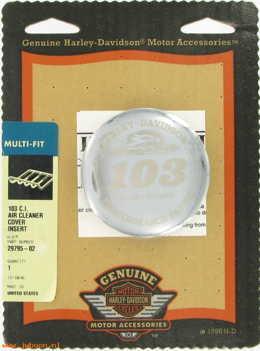   29795-02 (29795-02): Air cleaner medallion - "103 cubic inches" - NOS - Twin Cam 88
