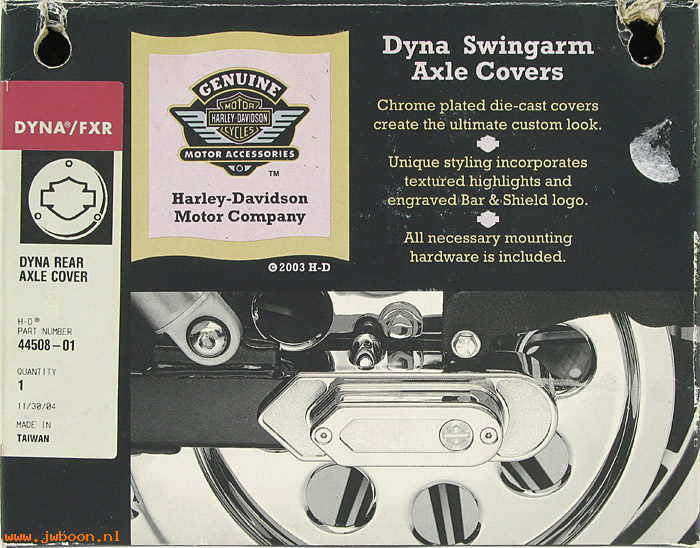   44508-01 (44508-01): Swingarm axle covers-Bar&Shield logo - NOS - Dyna, FXD '02-'05.