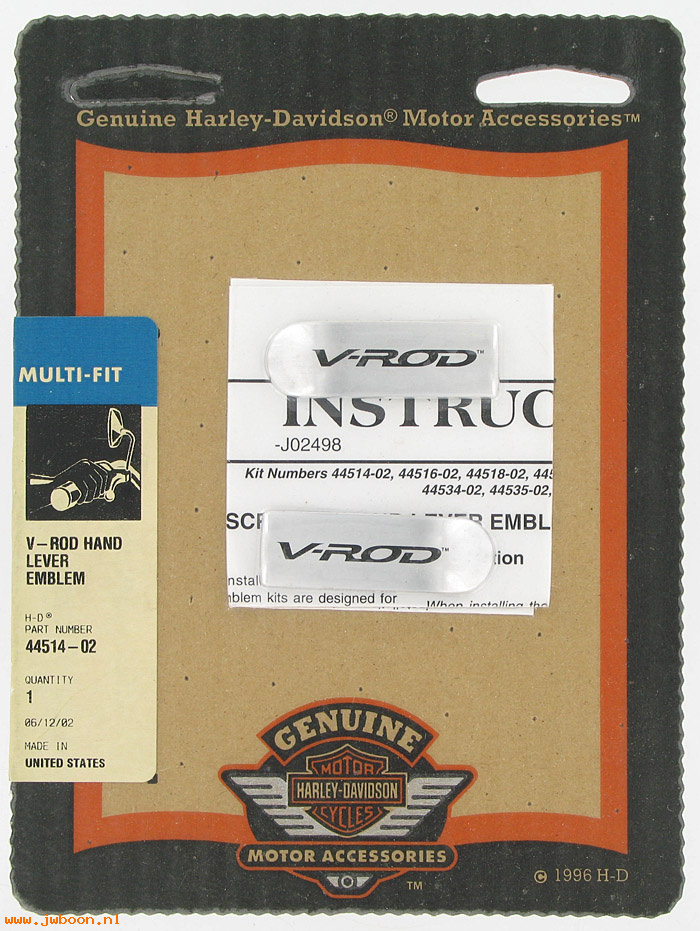   44514-02 (44514-02): Scripted handlever insert - "V-Rod" (pair) - NOS - VRSC '02-