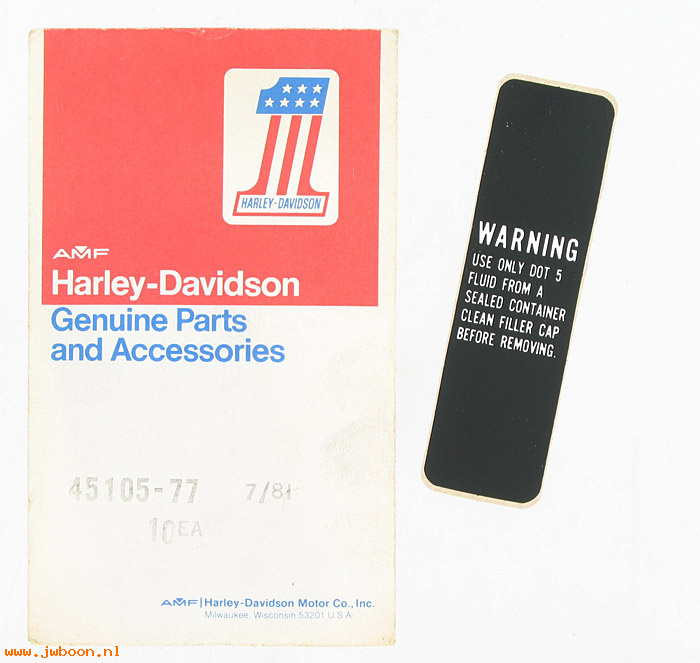   45105-77 (45105-77): Warning label/decal, master cyl, DOT 5, NOS - XL, FL, FX 77-81.