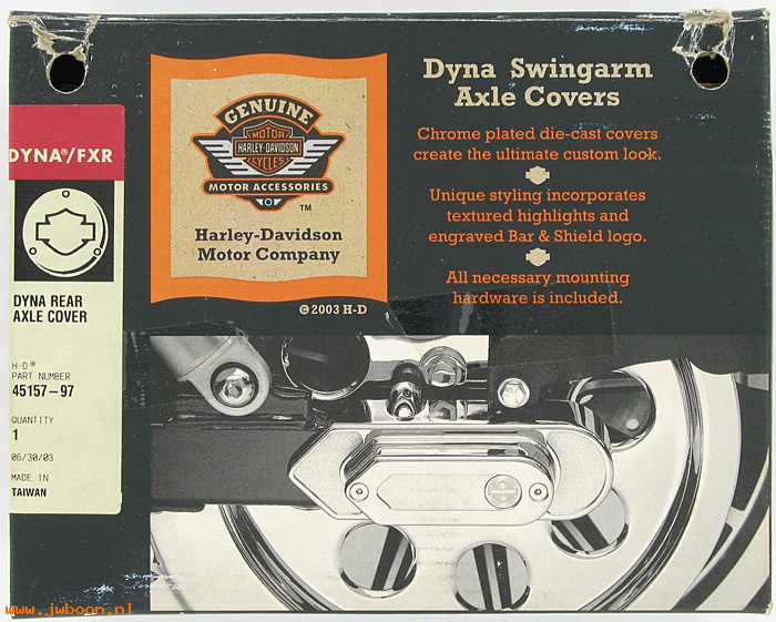   45157-97 (45157-97): Swingarm axle cover kit - bar & shield logo - NOS - FXD '91-'99