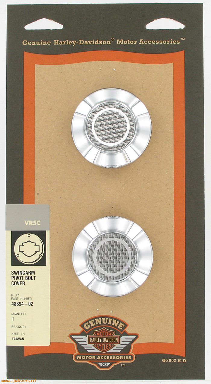   48894-02 (48894-02): Swingarm pivot bolt cover kit w.engraved inserts,pair, NOS - VRSC