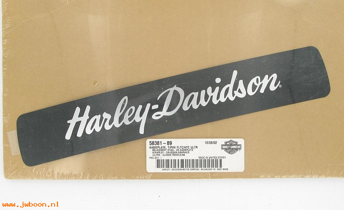   58381-89 (58381-89): Nameplate, Tour-pak "Harley-Davidson" 2 1/4" x 13" NOS-FLTC/HTC