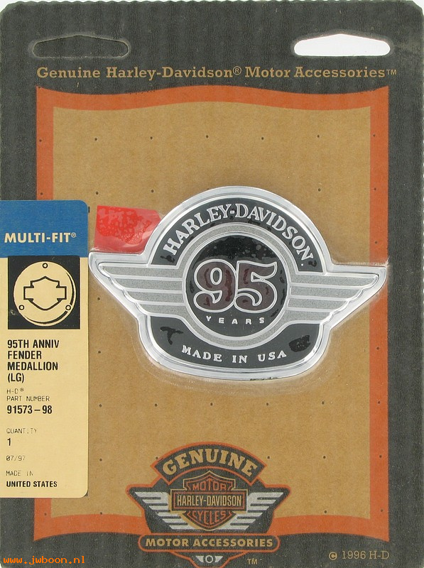   91573-98 (91573-98): Medallion, front fender - large  95th anniversary - NOS - Touring