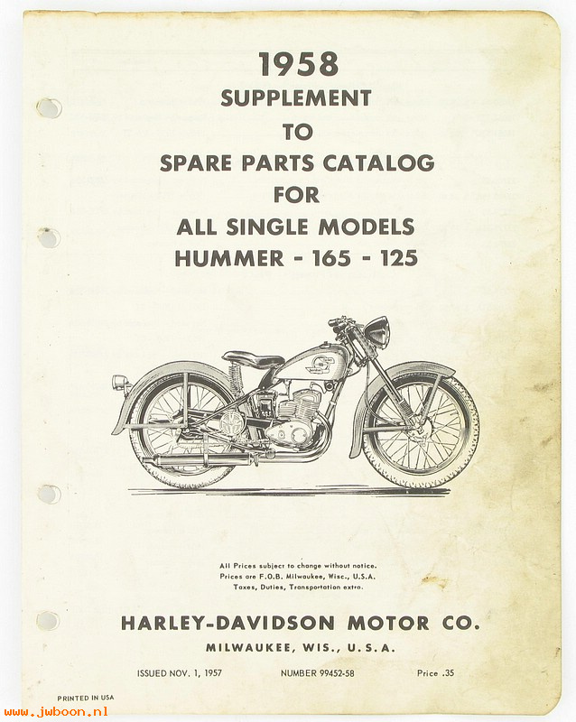   99452-58 (99452-58): Model 125 & 165 & Hummer parts catalog supplement 1958 - NOS