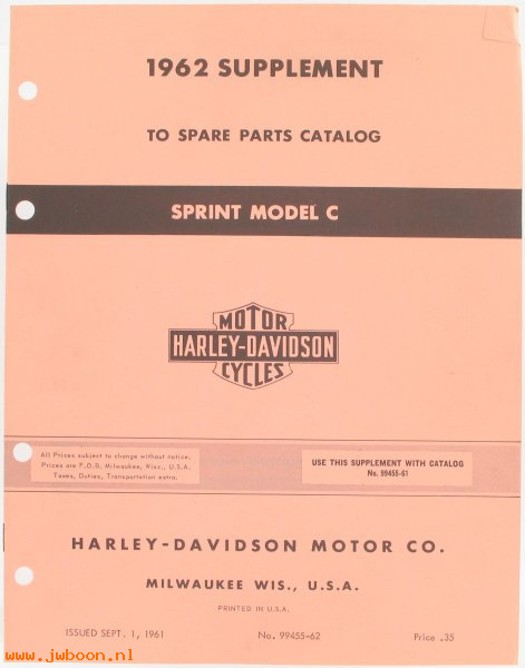   99455-62 (99455-62): Sprint parts catalog supplement 1962 - NOS