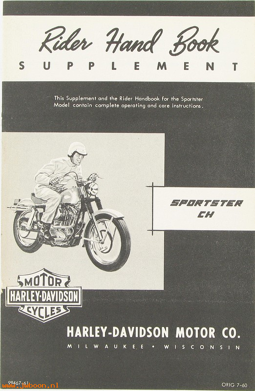   99467-61 (99467-61): 1961 Riders handbook supplement only, Sportster XLCH - NOS