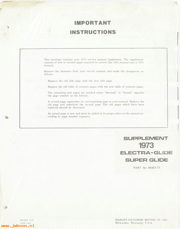   99483-73 (99483-73): FL, FLH, FX service manual supplement 1973 - NOS