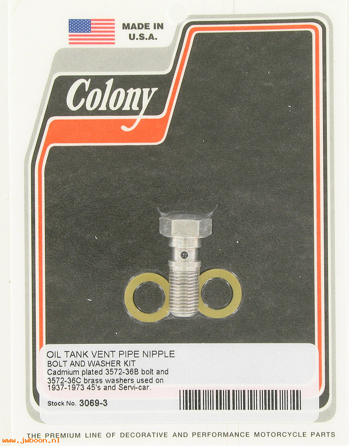 C 3069-3 (63578-36 / 3572-36B): Oil tank vent pipe nipple bolt&washer kit - 750cc 37-73. EL 36-41