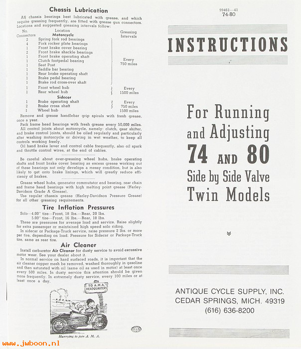 L  13861-40 (99461-40 / 99461-41): Owner's manual      '38-'46 74" and 80" models - NOS