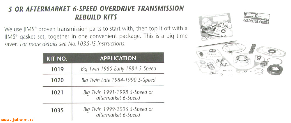 R 1035 (): Transmission rebuild kit - JIMS - FL,FX 99-06, 5-speed, in stock
