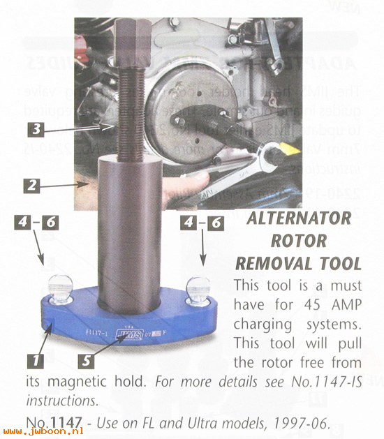 R 1147 (HD-41771): Alternator rotor removal&installation tool - JIMS- FL,Ultra 97-06