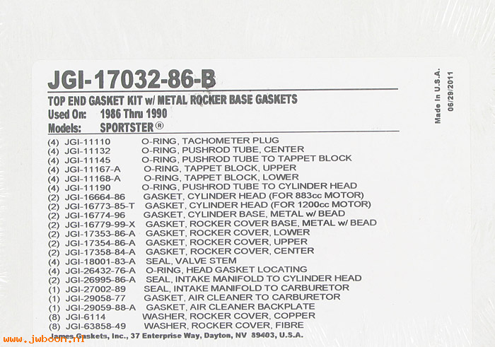 R  17032-86-B (17032-86B): Top overhaul gasket set - Sportster XLH '86-'90 - James Gaskets