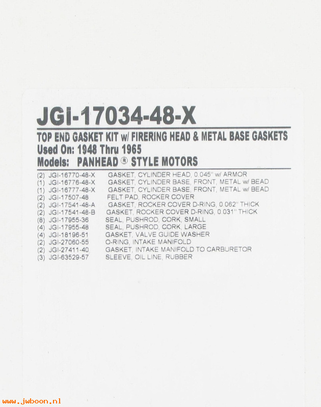 R  17034-48-X (17034-48): Gasket set, top end w/firering gaskets - James Gaskets - '48-'65