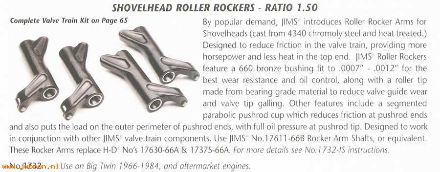 R 1732 (): Shovelhead roller rockers, 1.50 ratio - JIMS Machining, in stock