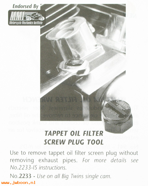 R 2233 (): Tappet oil screen plug tool, JIMS - Big Twins,single cam,in stock