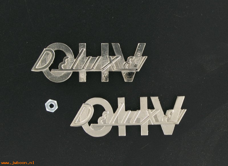 R  91583-52 (91583-52): Pair of  "OHV DeLuxe"  fender nameplates  -  3" x 1" - Big Twins